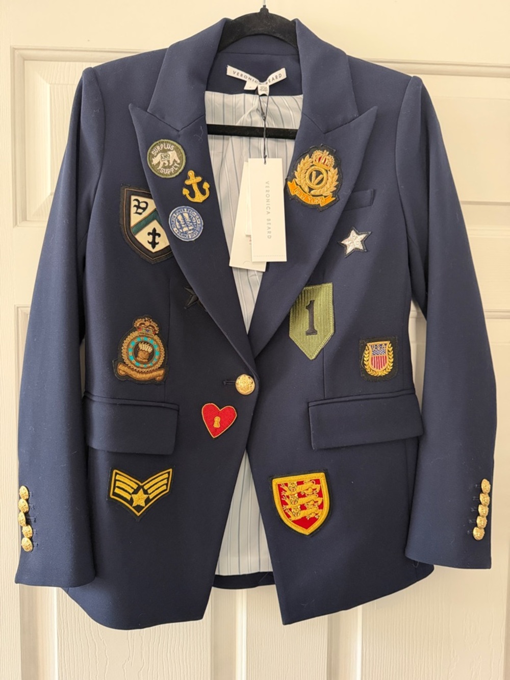 Veronica Beard Navy Blazer with Embroidered Patch Details